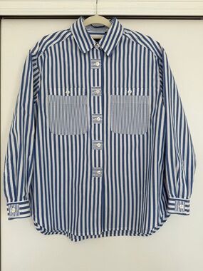 Lizsport Blue and White Vertical Striped Button-Down Shirt long sleeve size L